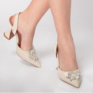 MICXKLZO White Women's Slingback Pointed Toe High Heels, Slip On Heeled Sandals